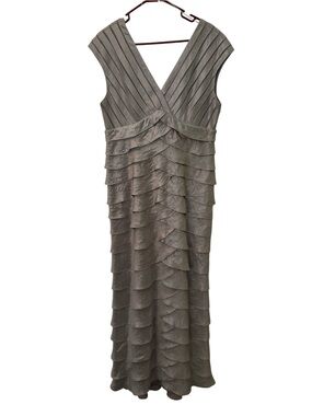 Adrianna Papell Silver Tiered V-Neck Evening Gown